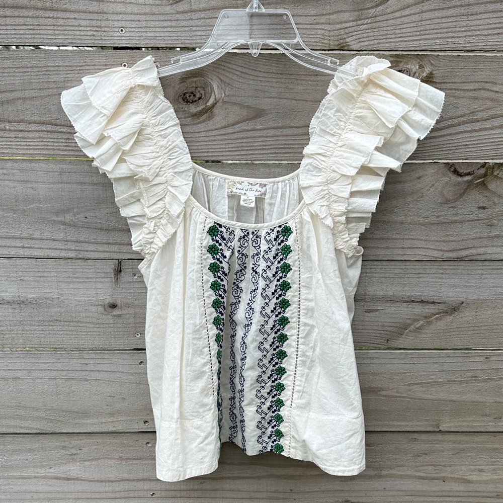 Band of the free cream embroidered flutter sleeve  green blue floral small